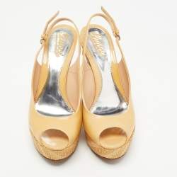 Gucci Light Yellow Patent Leather Wedge Platform Slingback Sandals Size 38 