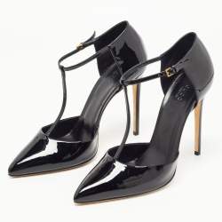 Pre Owned Gucci Black Patent Leather Pointed Toe T Strap Pumps Size 40