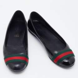 Pre Owned Gucci Black Leather Web Ballet Flats Size 37