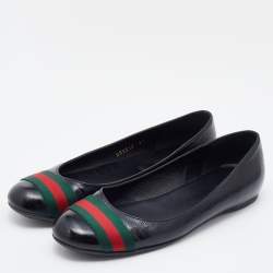 Pre Owned Gucci Black Leather Web Ballet Flats Size 37