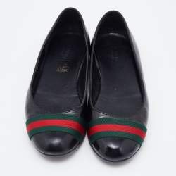Pre Owned Gucci Black Leather Web Ballet Flats Size 37