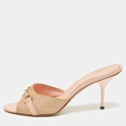 Gucci Metallic/Pink GG Canvas and Leather Horsebit Slide Sandals Size 38.5