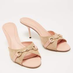 Gucci Metallic/Pink GG Canvas and Leather Horsebit Slide Sandals Size 38.5