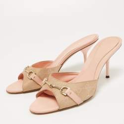 Gucci Metallic/Pink GG Canvas and Leather Horsebit Slide Sandals Size 38.5