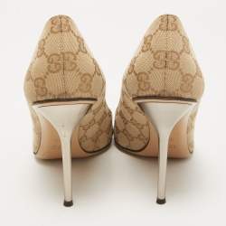Pre Owned Gucci Beige Canvas and Leather GG Bamboo Horsebit Pumps Size 39