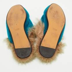 Gucci Turquoise Velvet and Fur Princetown Horsebit Mules Size 38