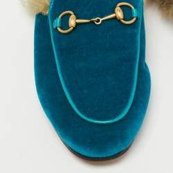 Gucci Turquoise Velvet and Fur Princetown Horsebit Mules Size 38