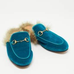 Gucci Turquoise Velvet and Fur Princetown Horsebit Mules Size 38