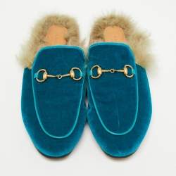 Gucci Turquoise Velvet and Fur Princetown Horsebit Mules Size 38