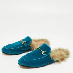 Gucci Turquoise Velvet and Fur Princetown Horsebit Mules Size 38