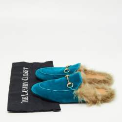 Gucci Turquoise Velvet and Fur Princetown Horsebit Mules Size 38