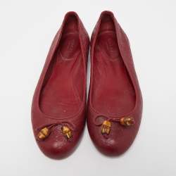 Pre Owned Gucci Burgundy Guccissima Leather Bamboo Bow Tassel Ballet Flats Size 38