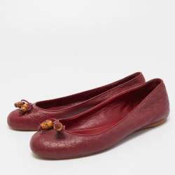 Pre Owned Gucci Burgundy Guccissima Leather Bamboo Bow Tassel Ballet Flats Size 38