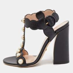 Gucci Black Leather Pearl Embellished Block Heel Ankle Strap Sandals Size 37.5