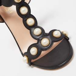 Gucci Black Leather Pearl Embellished Block Heel Ankle Strap Sandals Size 37.5