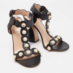 Gucci Black Leather Pearl Embellished Block Heel Ankle Strap Sandals Size 37.5