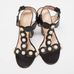 Gucci Black Leather Pearl Embellished Block Heel Ankle Strap Sandals Size 37.5