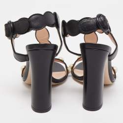 Gucci Black Leather Pearl Embellished Block Heel Ankle Strap Sandals Size 37.5