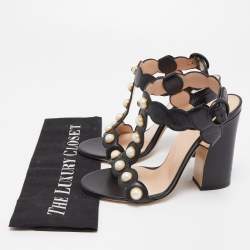 Gucci Black Leather Pearl Embellished Block Heel Ankle Strap Sandals Size 37.5