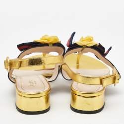 Pre Owned Gucci Gold Foil Leather Web Bow Thong Slingback Flat Sandals Size 40.5