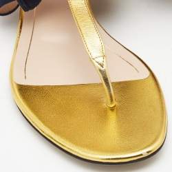 Pre Owned Gucci Gold Foil Leather Web Bow Thong Slingback Flat Sandals Size 40.5