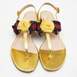 Pre Owned Gucci Gold Foil Leather Web Bow Thong Slingback Flat Sandals Size 40.5