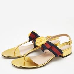 Pre Owned Gucci Gold Foil Leather Web Bow Thong Slingback Flat Sandals Size 40.5