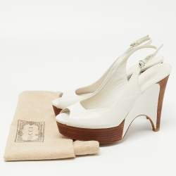 Gucci White Leather Wooden Wedge Slingback Sandals Size 38