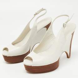 Gucci White Leather Wooden Wedge Slingback Sandals Size 38
