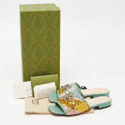 Gucci  Green Leather and Sequin Embellished Double G  Flat Slides Size 35.5 