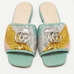 Gucci  Green Leather and Sequin Embellished Double G  Flat Slides Size 35.5 