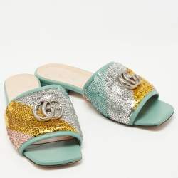 Gucci  Green Leather and Sequin Embellished Double G  Flat Slides Size 35.5 