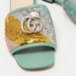 Gucci  Green Leather and Sequin Embellished Double G  Flat Slides Size 35.5 