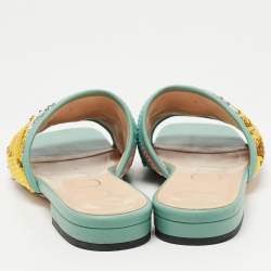 Gucci  Green Leather and Sequin Embellished Double G  Flat Slides Size 35.5 