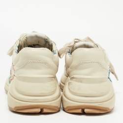 Pre Owned Gucci Cream Leather Glitter Logo Rhyton Sneakers Size 36