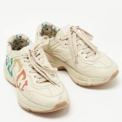 Pre Owned Gucci Cream Leather Glitter Logo Rhyton Sneakers Size 36