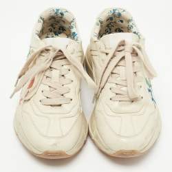 Pre Owned Gucci Cream Leather Glitter Logo Rhyton Sneakers Size 36