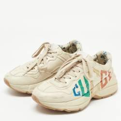Pre Owned Gucci Cream Leather Glitter Logo Rhyton Sneakers Size 36