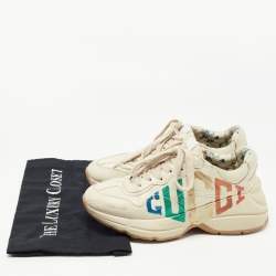 Pre Owned Gucci Cream Leather Glitter Logo Rhyton Sneakers Size 36