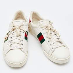 Gucci White Leather Web Detail New Ace Faux Pearl Embellished Low Top Sneakers Size 39.5
