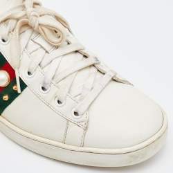Gucci White Leather Web Detail New Ace Faux Pearl Embellished Low Top Sneakers Size 39.5