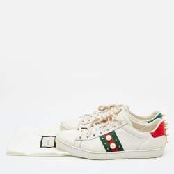 Gucci White Leather Web Detail New Ace Faux Pearl Embellished Low Top Sneakers Size 39.5