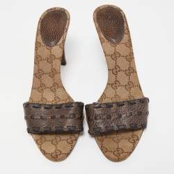 Pre Owned Gucci Brown Leather Slide Sandals Size 38.5