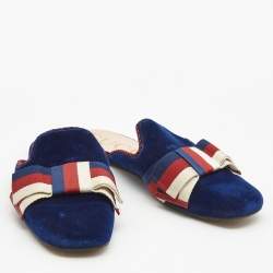 Pre Owned Gucci Blue Velvet Sylvie Bow Flat Mules Size 40