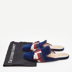 Pre Owned Gucci Blue Velvet Sylvie Bow Flat Mules Size 40