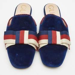 Pre Owned Gucci Blue Velvet Sylvie Bow Flat Mules Size 40