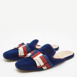 Pre Owned Gucci Blue Velvet Sylvie Bow Flat Mules Size 40