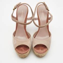 Gucci Dusty Pink Suede Wedge Platform Ankle Strap Sandals Size 38.5