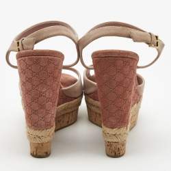 Gucci Dusty Pink Suede Wedge Platform Ankle Strap Sandals Size 38.5