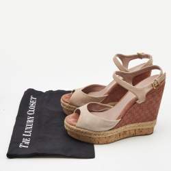 Gucci Dusty Pink Suede Wedge Platform Ankle Strap Sandals Size 38.5